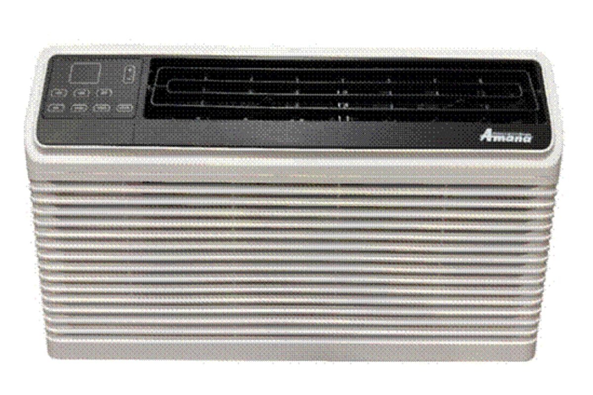 A white Amana through-the-wall air conditioner unit with a slatted discharge grille and the Amana name on the control cover