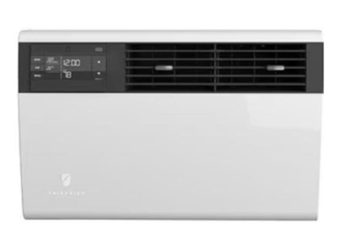 A recalled Friedrich KÜHL Q window air conditioner, gray front with a black discharge grille and the control panel in the top left corner